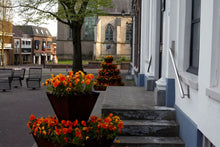 stapeltuin, cortenstaal, verticaal tuinieren, bloemen, bloementoren, bloemenzuil, violen